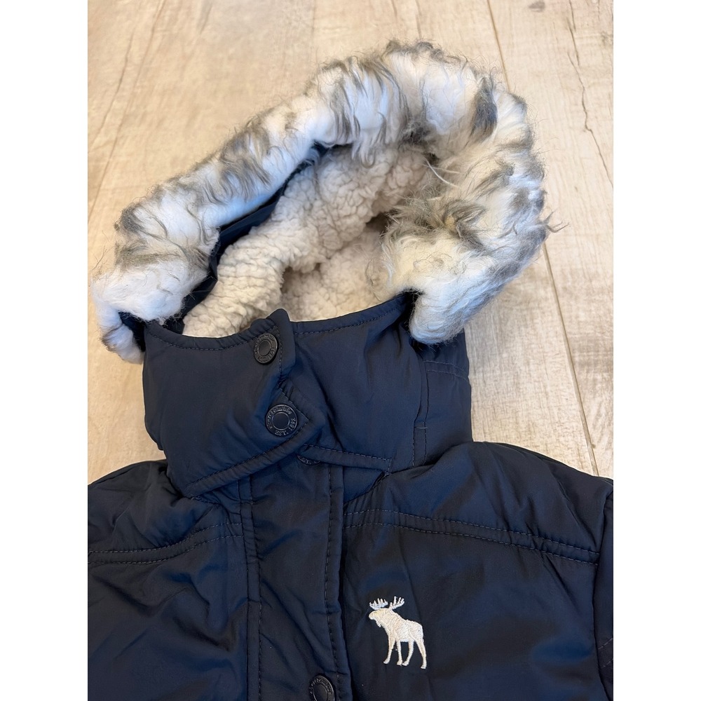 Abercrombie Kids Navy Blue Sherpa Lined Puffer Jacket Faux Fur Hood Size 5/6